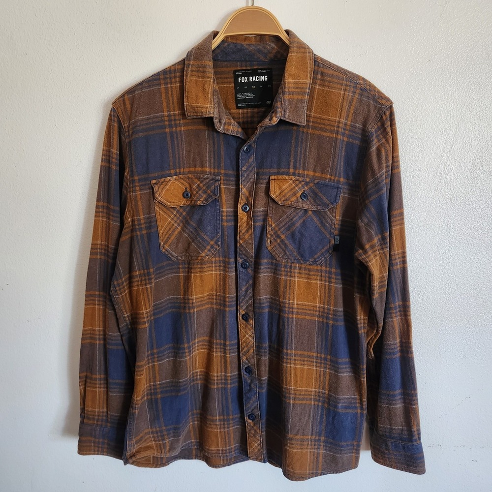 Fox Racing Plaid Flannel Button Up Shirt Large Blue Mustard Long Sleeve Grunge